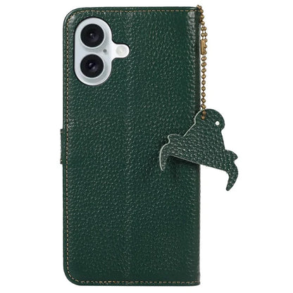 For iPhone 16 Wallet Case Genuine Cow Leather Phone Cover RFID Blocking Litchi Grain