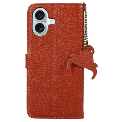 For iPhone 16 Wallet Case Genuine Cow Leather Phone Cover RFID Blocking Litchi Grain