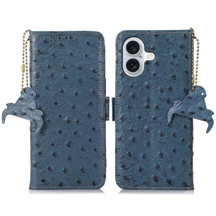 For iPhone 16 RFID Blocking Case Ostrich Texture Genuine Cow Leather Wallet Phone Cover
