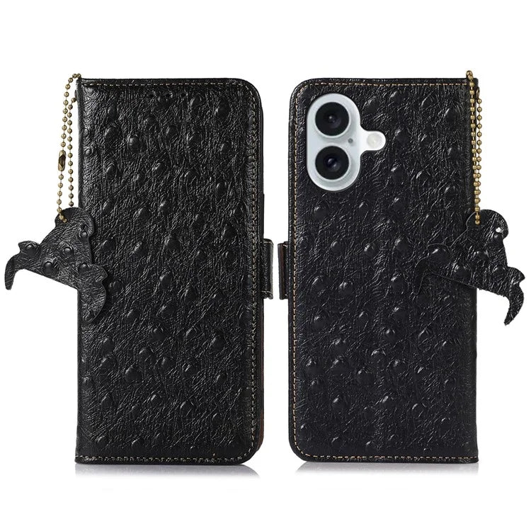 For iPhone 16 RFID Blocking Case Ostrich Texture Genuine Cow Leather Wallet Phone Cover