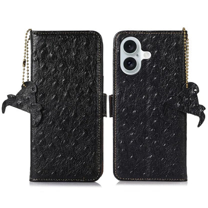 For iPhone 16 RFID Blocking Case Ostrich Texture Genuine Cow Leather Wallet Phone Cover