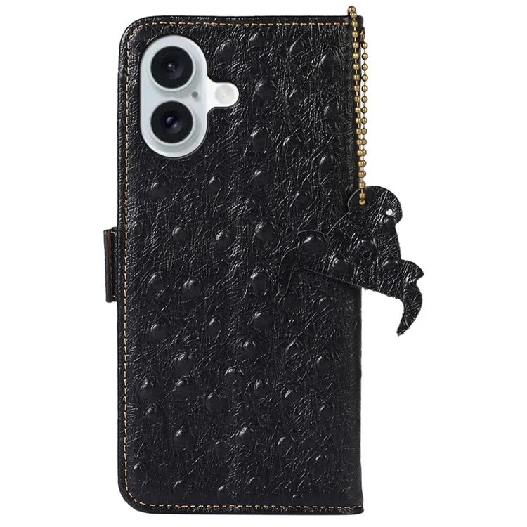 For iPhone 16 RFID Blocking Case Ostrich Texture Genuine Cow Leather Wallet Phone Cover