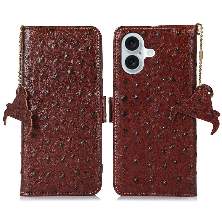 For iPhone 16 RFID Blocking Case Ostrich Texture Genuine Cow Leather Wallet Phone Cover