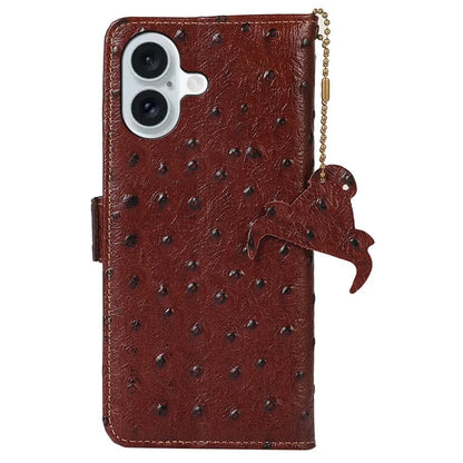 For iPhone 16 RFID Blocking Case Ostrich Texture Genuine Cow Leather Wallet Phone Cover