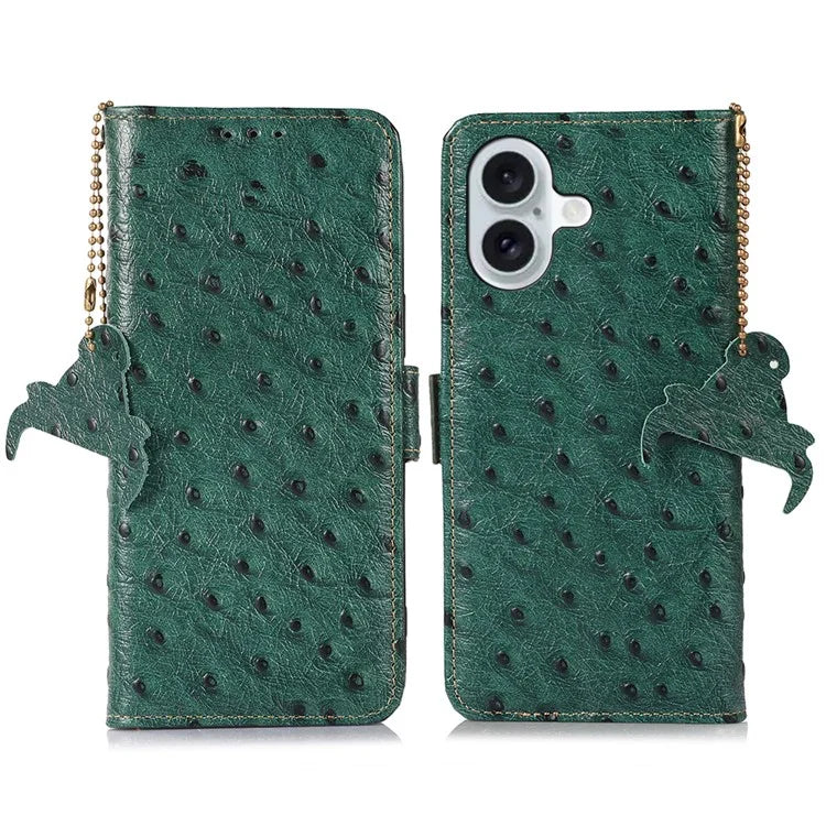 For iPhone 16 RFID Blocking Case Ostrich Texture Genuine Cow Leather Wallet Phone Cover