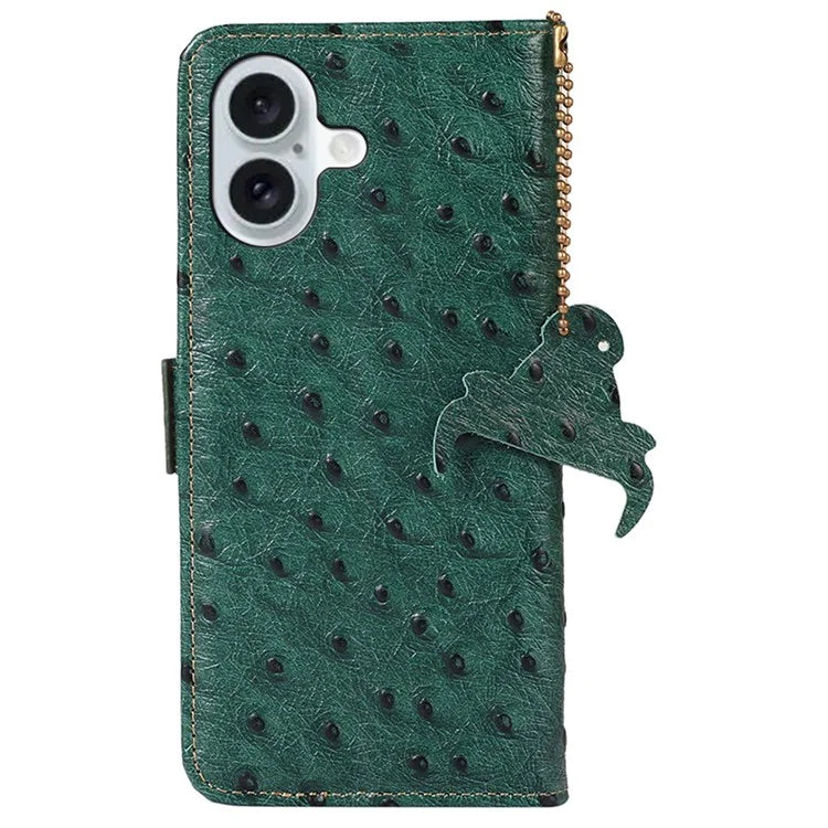 For iPhone 16 RFID Blocking Case Ostrich Texture Genuine Cow Leather Wallet Phone Cover