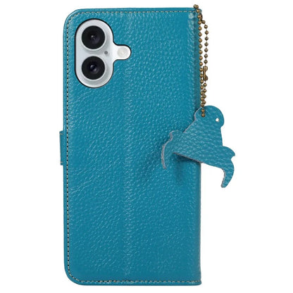 For iPhone 16 Plus Case Genuine Cow Leather Litchi Texture Phone Cover RFID Blocking Flip Stand