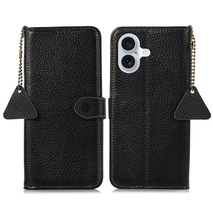For iPhone 16 Plus Case Genuine Cow Leather Litchi Texture Phone Cover RFID Blocking Flip Stand
