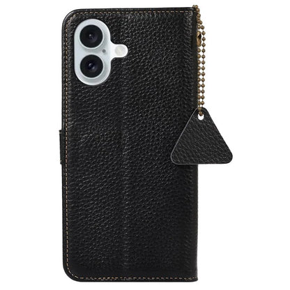 For iPhone 16 Plus Case Genuine Cow Leather Litchi Texture Phone Cover RFID Blocking Flip Stand