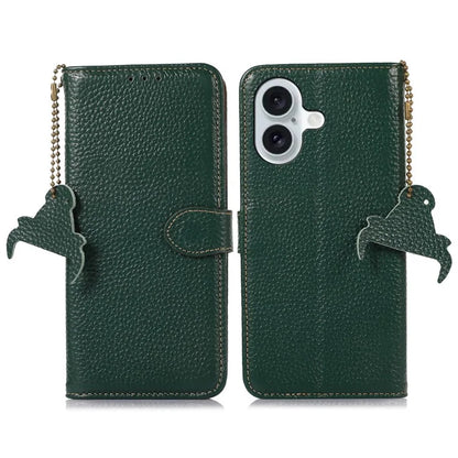For iPhone 16 Plus Case Genuine Cow Leather Litchi Texture Phone Cover RFID Blocking Flip Stand