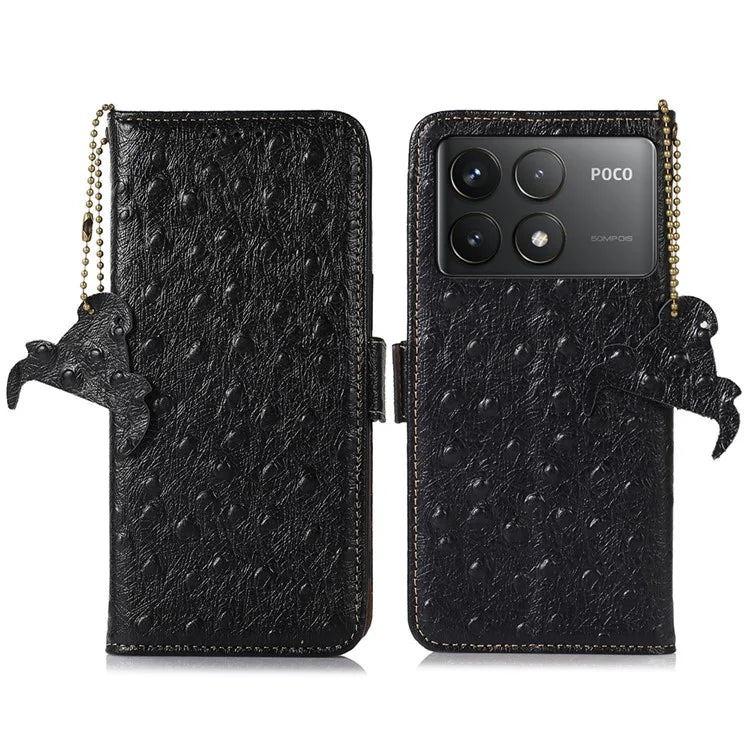 For Xiaomi Poco F6 Pro 5G / Redmi K70 5G / K70 Pro 5G Wallet Case RFID Blocking Ostrich Texture Genuine Cow Leather Phone Cover