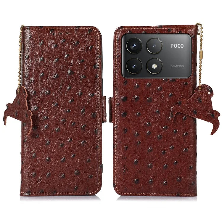 For Xiaomi Poco F6 Pro 5G / Redmi K70 5G / K70 Pro 5G Wallet Case RFID Blocking Ostrich Texture Genuine Cow Leather Phone Cover