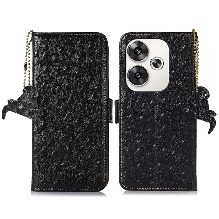 For Xiaomi Poco F6 5G / Redmi Turbo 3 5G Case Genuine Cow Leather Ostrich Texture Phone Case RFID Blocking Protection