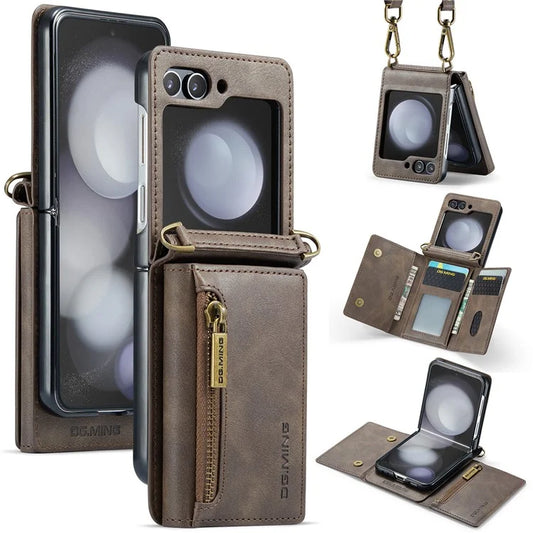 DG.MING M5 Series for Samsung Galaxy Z Flip5 5G Case Kickstand Zipper Wallet Leather+PC Phone Cover