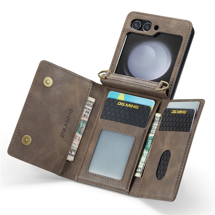 DG.MING M5 Series for Samsung Galaxy Z Flip5 5G Case Kickstand Zipper Wallet Leather+PC Phone Cover