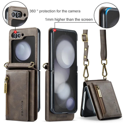 DG.MING M5 Series for Samsung Galaxy Z Flip5 5G Case Kickstand Zipper Wallet Leather+PC Phone Cover