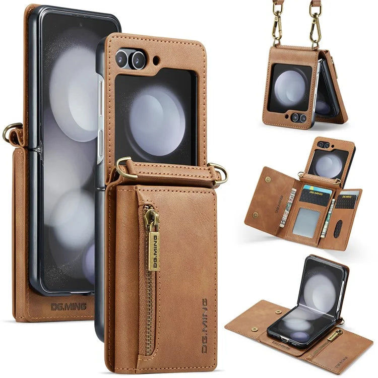 DG.MING M5 Series for Samsung Galaxy Z Flip5 5G Case Kickstand Zipper Wallet Leather+PC Phone Cover