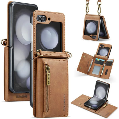 DG.MING M5 Series for Samsung Galaxy Z Flip5 5G Case Kickstand Zipper Wallet Leather+PC Phone Cover