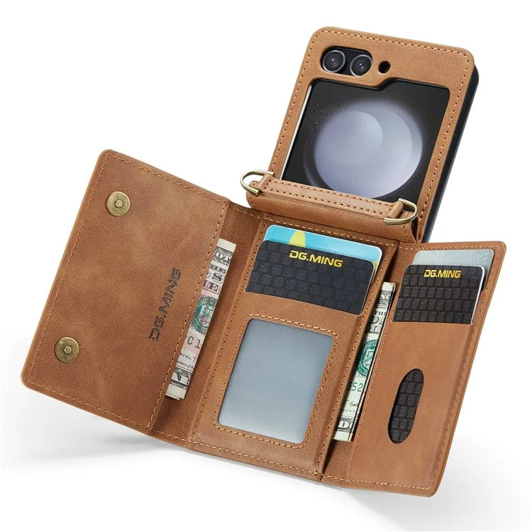 DG.MING M5 Series for Samsung Galaxy Z Flip5 5G Case Kickstand Zipper Wallet Leather+PC Phone Cover