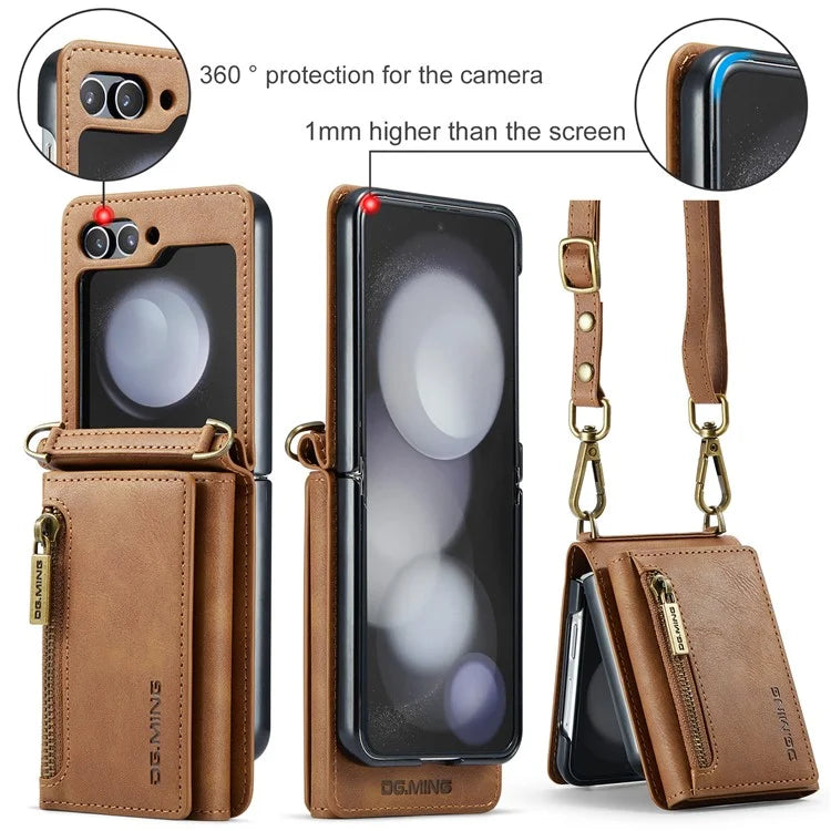 DG.MING M5 Series for Samsung Galaxy Z Flip5 5G Case Kickstand Zipper Wallet Leather+PC Phone Cover
