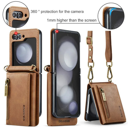 DG.MING M5 Series for Samsung Galaxy Z Flip5 5G Case Kickstand Zipper Wallet Leather+PC Phone Cover