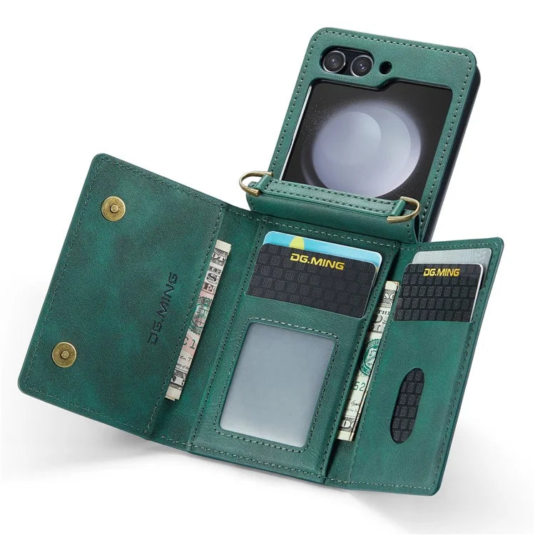 DG.MING M5 Series for Samsung Galaxy Z Flip5 5G Case Kickstand Zipper Wallet Leather+PC Phone Cover