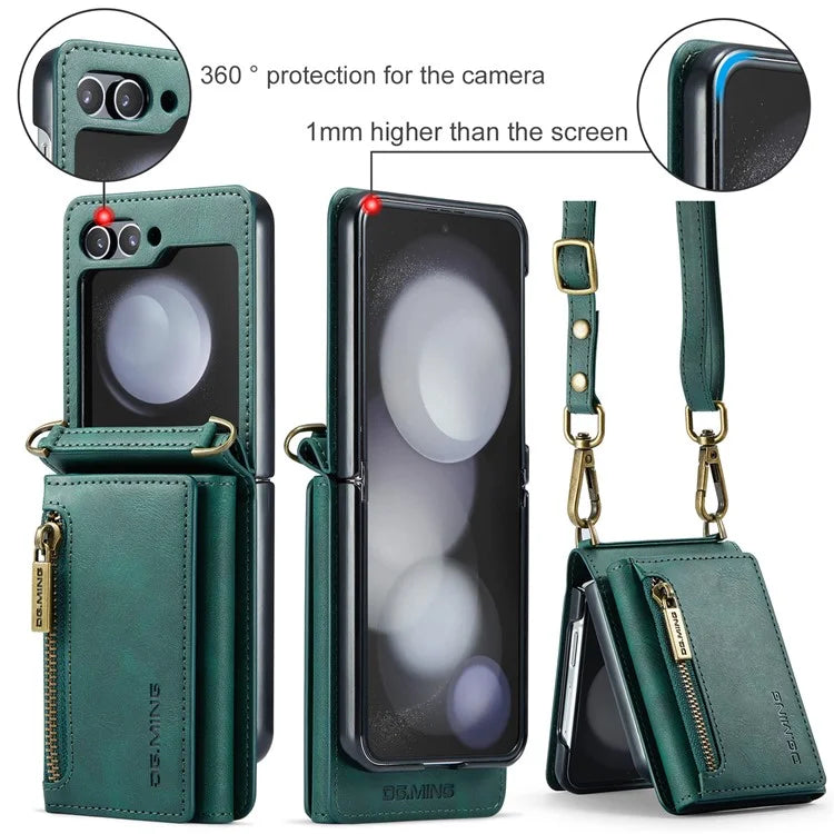 DG.MING M5 Series for Samsung Galaxy Z Flip5 5G Case Kickstand Zipper Wallet Leather+PC Phone Cover