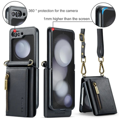 DG.MING M5 Series for Samsung Galaxy Z Flip5 5G Case Kickstand Zipper Wallet Leather+PC Phone Cover