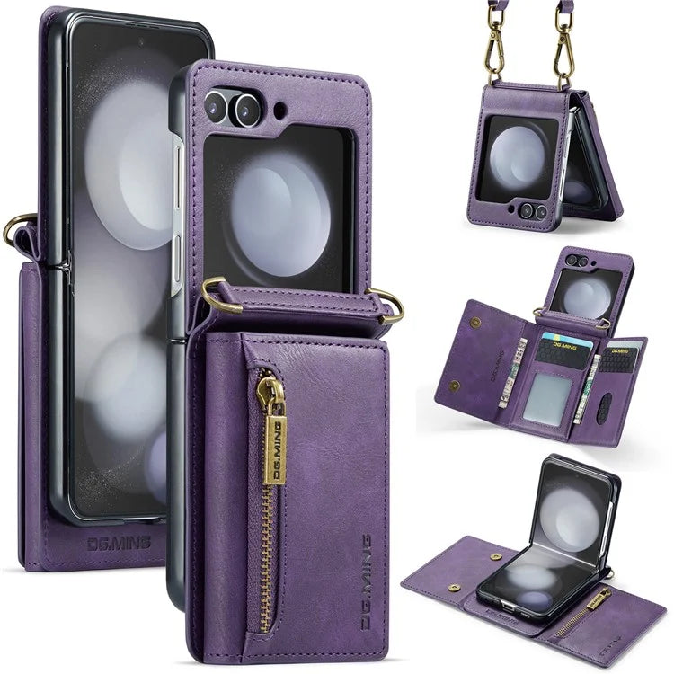 DG.MING M5 Series for Samsung Galaxy Z Flip5 5G Case Kickstand Zipper Wallet Leather+PC Phone Cover
