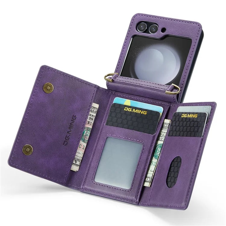 DG.MING M5 Series for Samsung Galaxy Z Flip5 5G Case Kickstand Zipper Wallet Leather+PC Phone Cover