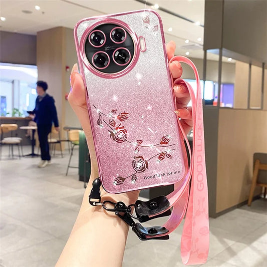 KADEM For TECNO Spark 20 Pro+ Case Flower Glitter Soft TPU Cover with Lanyard