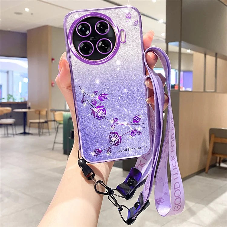KADEM For TECNO Spark 20 Pro+ Case Flower Glitter Soft TPU Cover with Lanyard