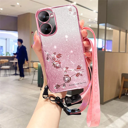 KADEM For Realme V30 5G / V30t Case TPU Glitter Floral Phone Cover with Anti-Drop Lanyard