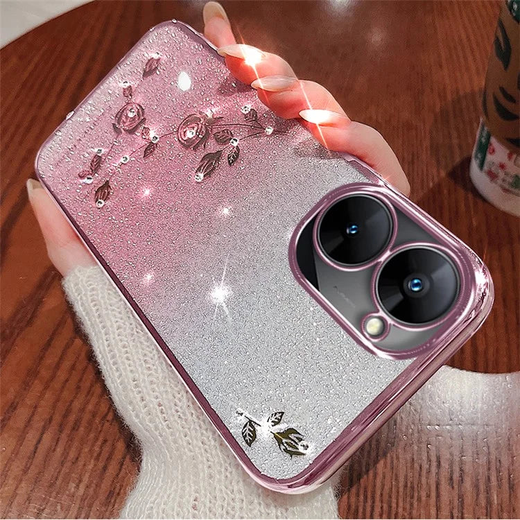 KADEM For Realme V30 5G / V30t Case TPU Glitter Floral Phone Cover with Anti-Drop Lanyard