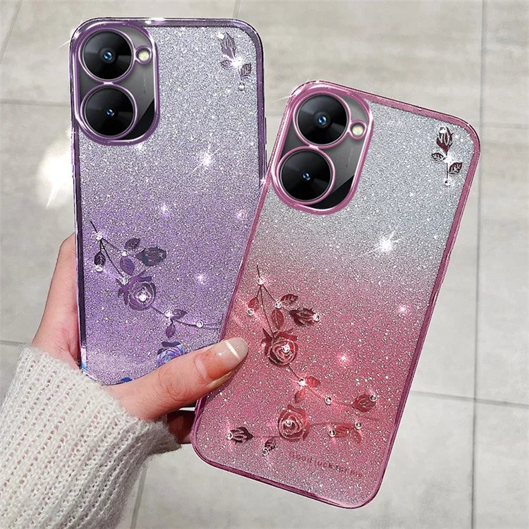 KADEM For Realme V30 5G / V30t Case TPU Glitter Floral Phone Cover with Anti-Drop Lanyard