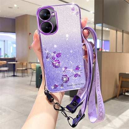 KADEM For Realme V30 5G / V30t Case TPU Glitter Floral Phone Cover with Anti-Drop Lanyard