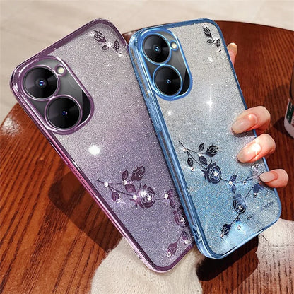 KADEM For Realme V30 5G / V30t Case TPU Glitter Floral Phone Cover with Anti-Drop Lanyard