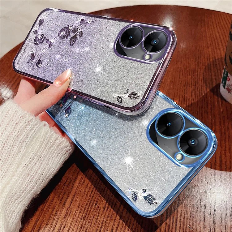 KADEM For Realme V30 5G / V30t Case TPU Glitter Floral Phone Cover with Anti-Drop Lanyard