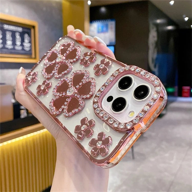 For iPhone 15 Pro Max Case Rhinestone Flower Electroplating TPU Phone Cover