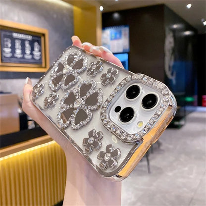 For iPhone 15 Pro Max Case Rhinestone Flower Electroplating TPU Phone Cover
