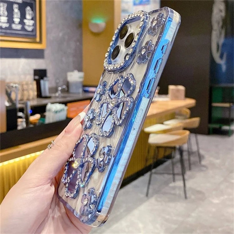 For iPhone 15 Pro Max Case Rhinestone Flower Electroplating TPU Phone Cover