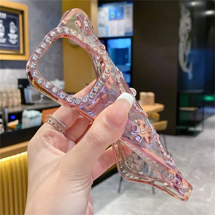 For iPhone 15 Pro Max Case Rhinestone Flower Electroplating TPU Phone Cover