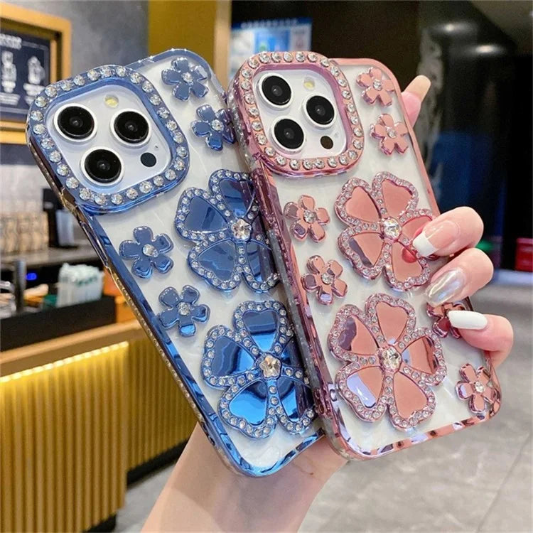 For iPhone 14 Pro Case Rhinestone Flower Electroplating TPU Phone Cover