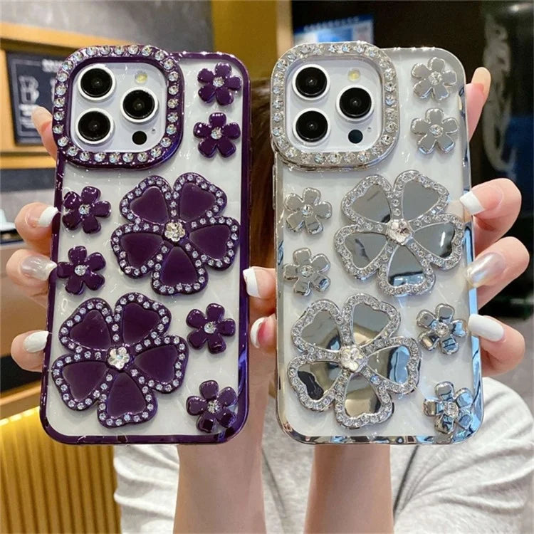 For iPhone 14 Pro Case Rhinestone Flower Electroplating TPU Phone Cover