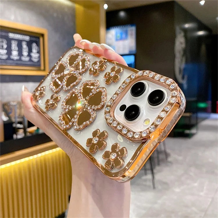 For iPhone 14 Pro Case Rhinestone Flower Electroplating TPU Phone Cover