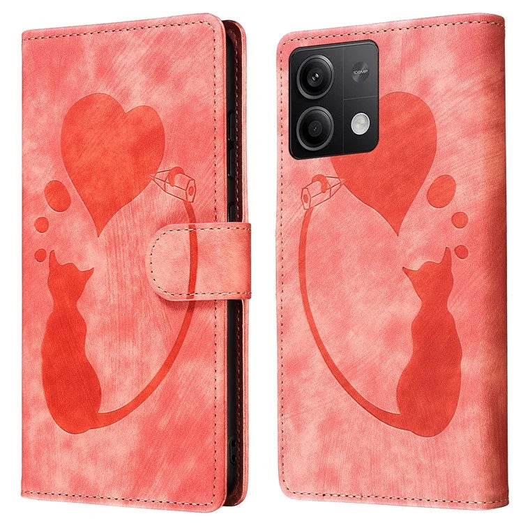 For Xiaomi Redmi Note 13 5G Case Love Heart Cat Imprinted Leather Phone Cover with Card Slots Stand