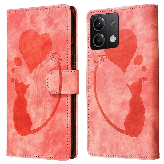 For Xiaomi Redmi Note 13 5G Case Love Heart Cat Imprinted Leather Phone Cover with Card Slots Stand