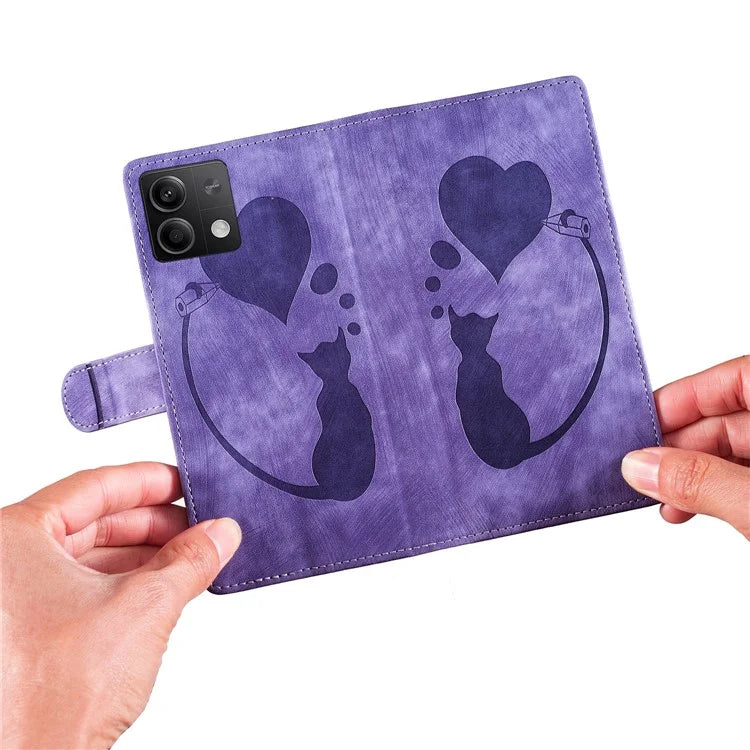 For Xiaomi Redmi Note 13 5G Case Love Heart Cat Imprinted Leather Phone Cover with Card Slots Stand