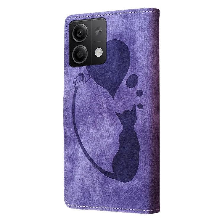 For Xiaomi Redmi Note 13 5G Case Love Heart Cat Imprinted Leather Phone Cover with Card Slots Stand