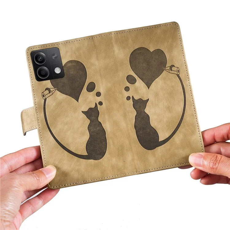 For Xiaomi Redmi Note 13 5G Case Love Heart Cat Imprinted Leather Phone Cover with Card Slots Stand